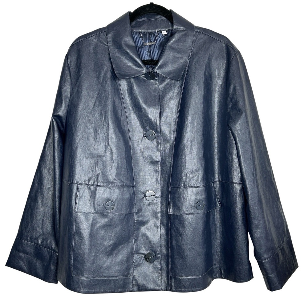 Chicos Y2k Faux Leather Oversize Metallic Jacket Sz 4 XXL Minimalist Swing Blue